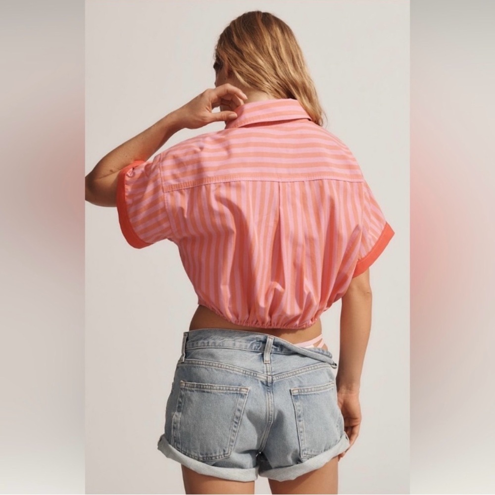 NWT Anthropologie Maeve Monogrammed M Button Down Crop Top Pink Size large - Picture 2 of 5